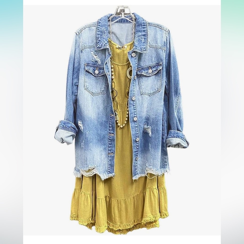 Women’s Denim Jacket Distressed Washed Ripped Frayed Hem-Size XL